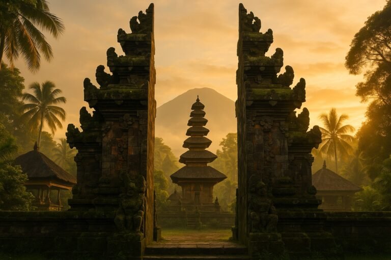 Portail candi bentar d une entree de temple balinais avec tour meru et le mont Agung en arriere-plan