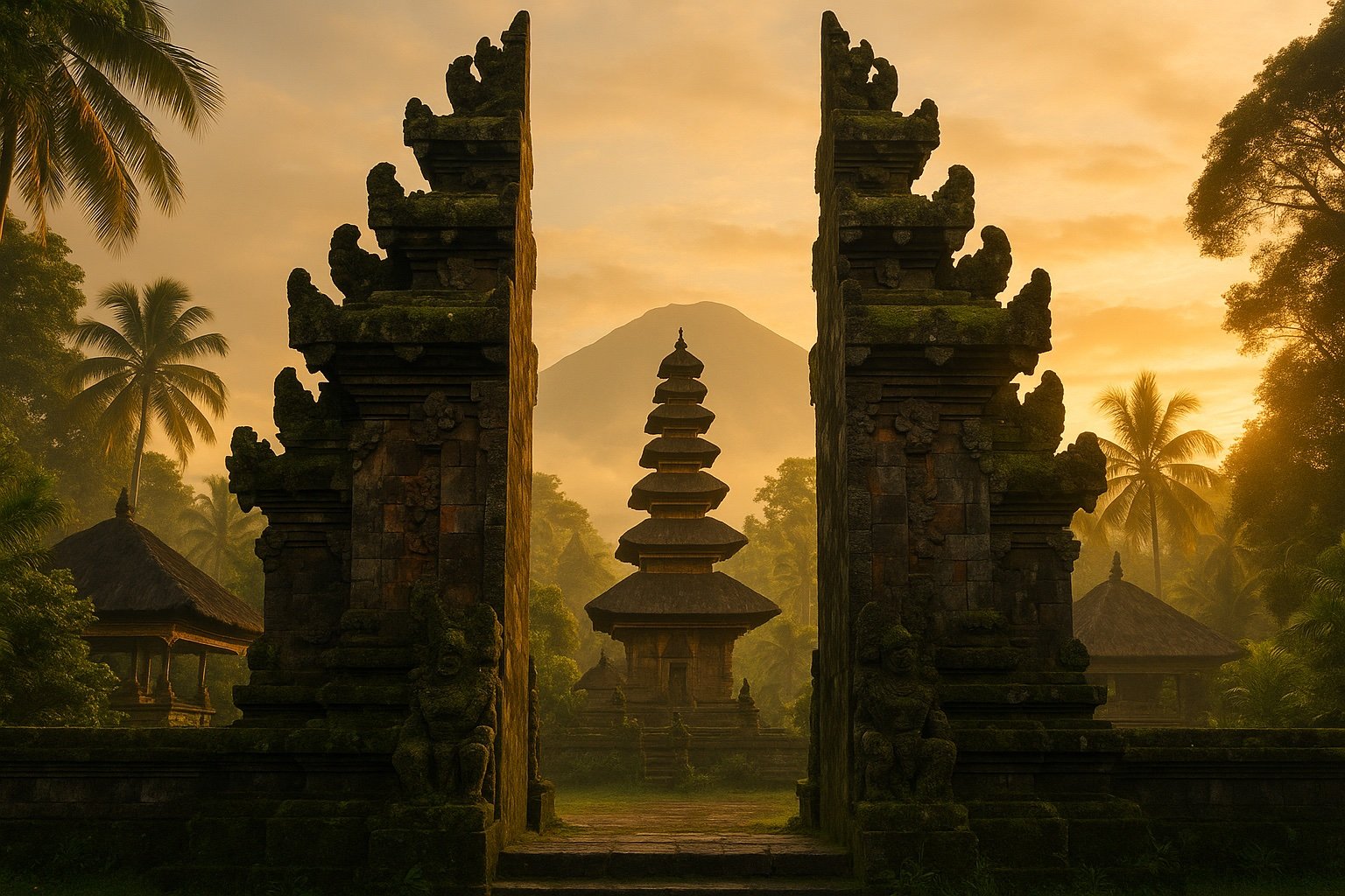 Portail candi bentar d une entree de temple balinais avec tour meru et le mont Agung en arriere-plan