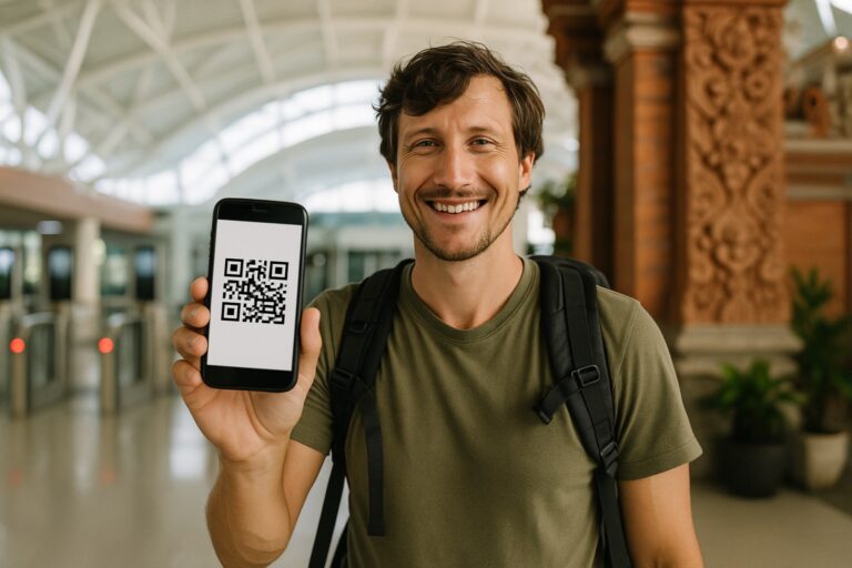 Voyageuse presentant le QR code de la carte d arrivee All Indonesia a l aeroport de Bali