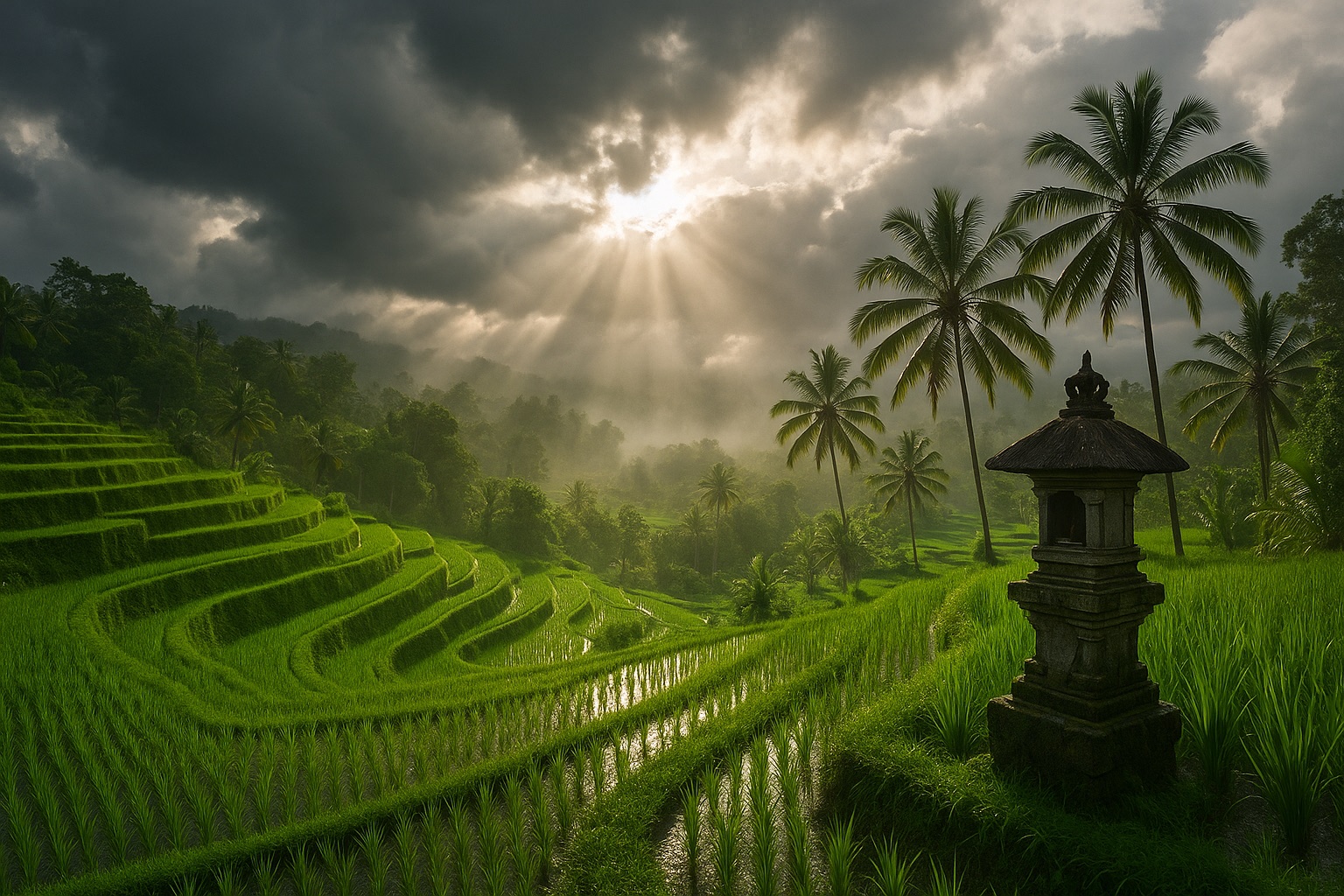 Rizieres de Bali tres vertes apres une averse en decembre