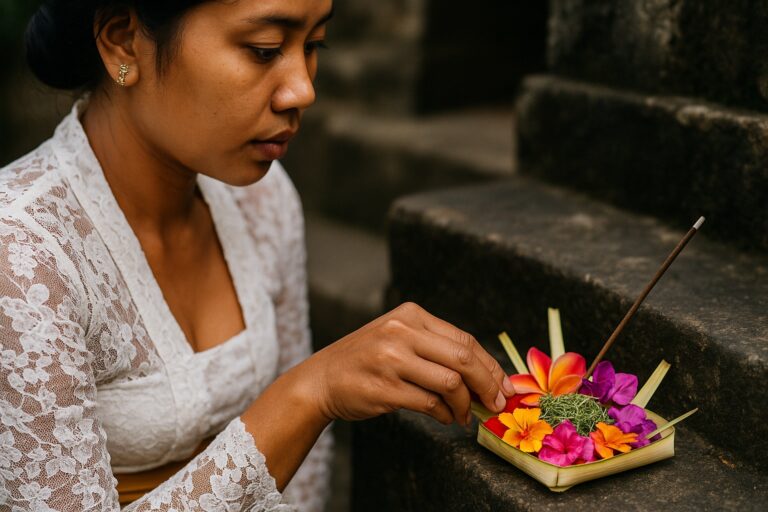 Femme deposant un canang sari a Bali