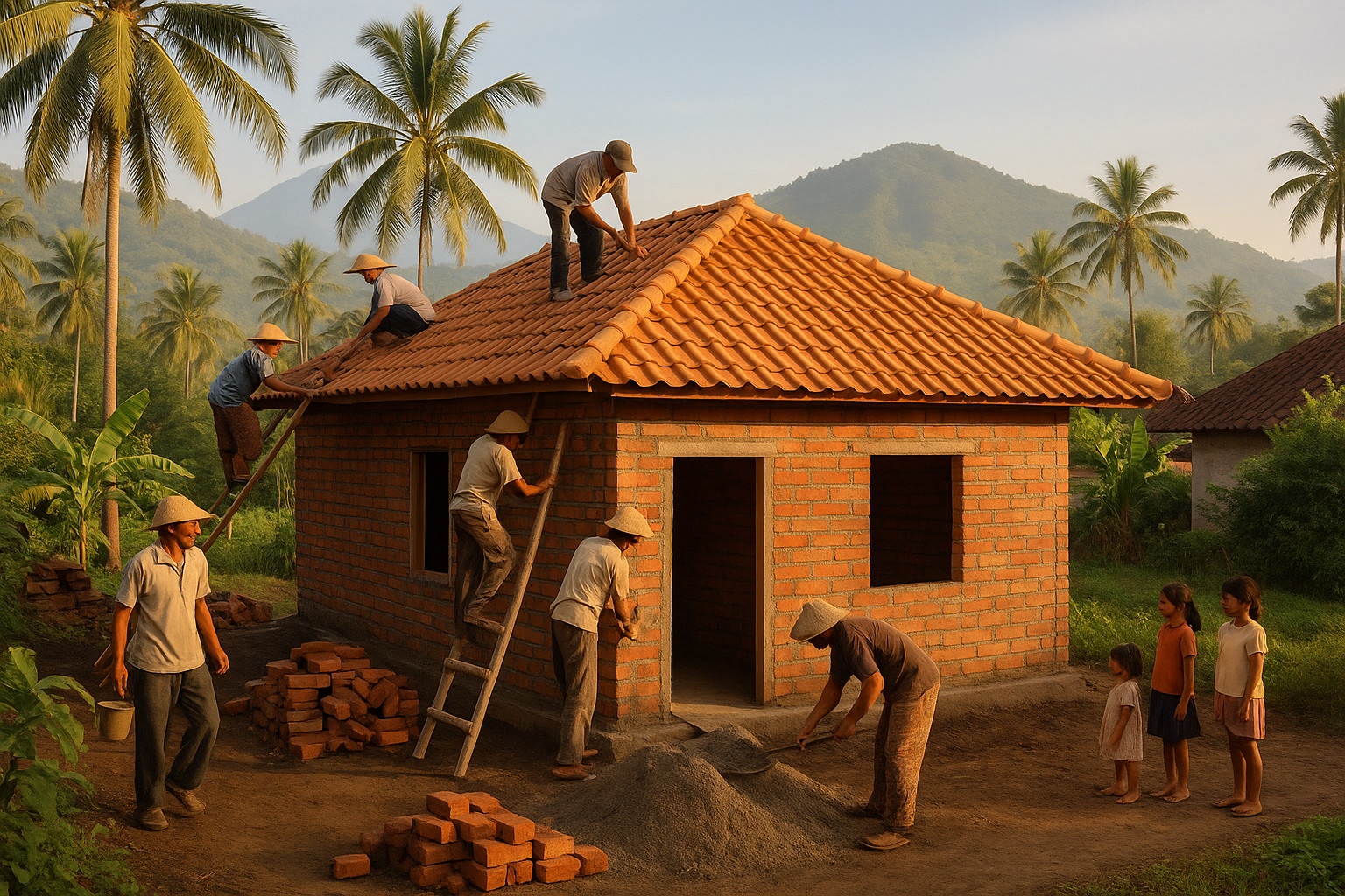 Illustration : construction d une maison dans un village du nord de Bali