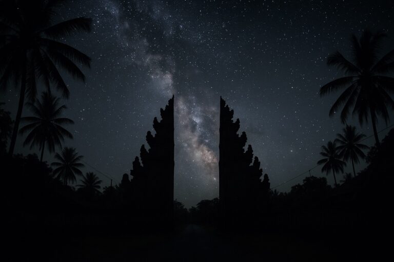 Ciel etoile au-dessus d un temple balinais plonge dans le noir pendant Nyepi