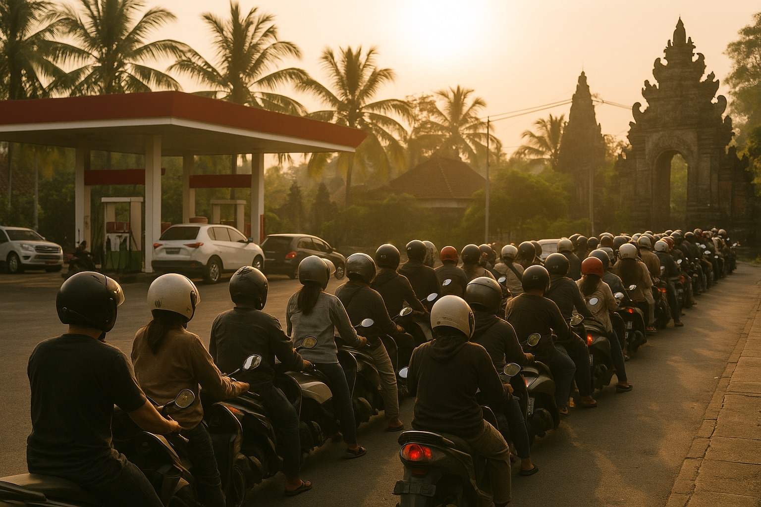 File de scooters devant une station-service a Bali pendant la penurie de carburant
