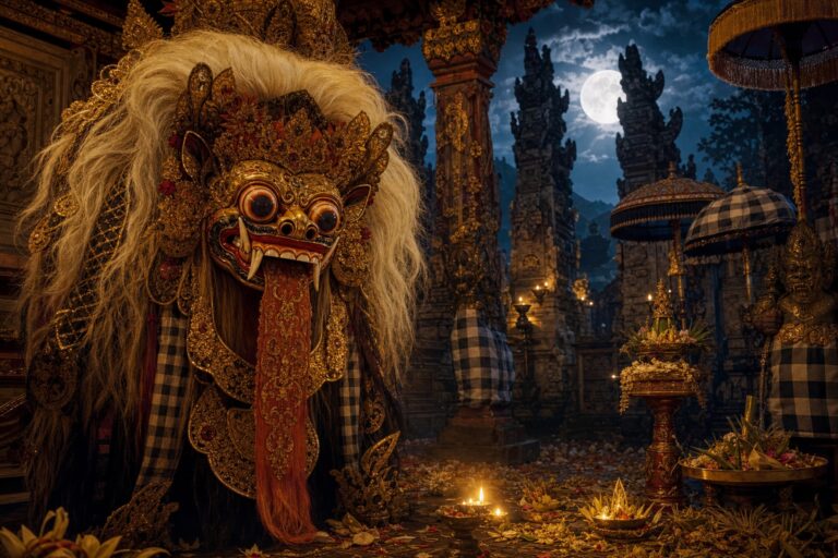 Masque sacré de Rangda dans un temple balinais la nuit, à la lueur des lampes