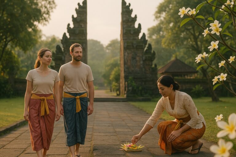 Touristes en sarong respectant les regles a l entree d un temple balinais