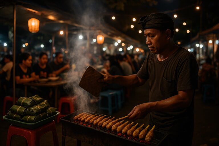 Vendeur de sate lilit sur un marche de nuit a Bali