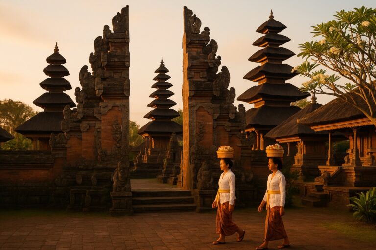Porte candi bentar et pagodes meru d un temple balinais, femmes portant des offrandes